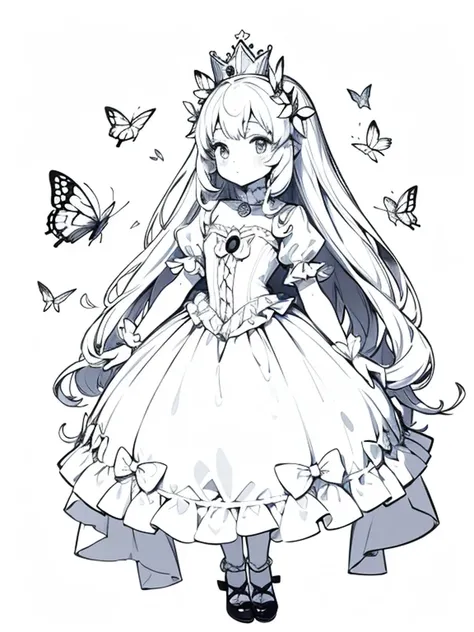 a coloring book page, cute anime girl surrounded with butterflies, wearing a princess dress, princess crown, crystal shoes, marie antoinette dress, black and white, simple and minimal, perfect shapes, only lineart, no gray or shades, complete body, white b...