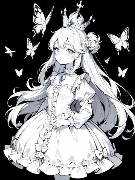 a coloring book page, cute anime girl surrounded with butterflies, wearing a princess dress, princess crown, crystal shoes, marie antoinette dress, black and white, simple and minimal, perfect shapes, only lineart, no gray or shades, complete body, white b...