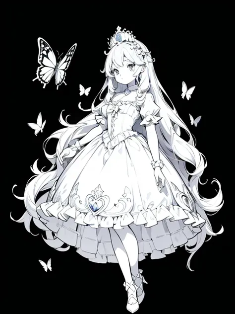 a coloring book page, cute anime girl surrounded with butterflies, wearing a princess dress, princess crown, crystal shoes, marie antoinette dress, black and white, simple and minimal, perfect shapes, only lineart, no gray or shades, complete body, white b...