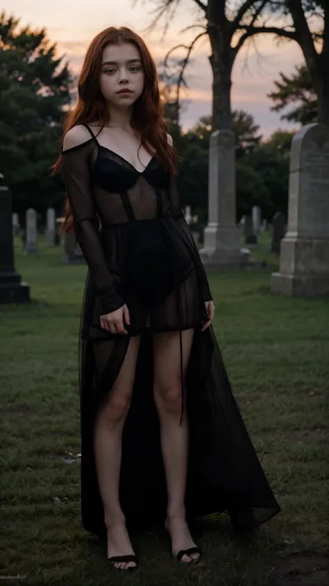 12-year-old girl similar to chloë grace moretz, with long red hair, wearing a long transparent sexy black dress, in a creepy cem...