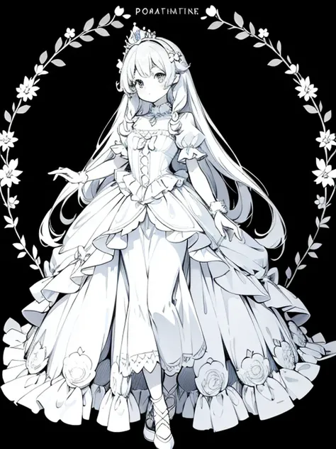 a coloring book page, cute anime girl surrounded with flowers, wearing a princess dress, princess crystal crown, crystal shoes, marie antoinette dress, black and white, simple and minimal, perfect shapes, only lineart, no gray or shades, complete body, whi...