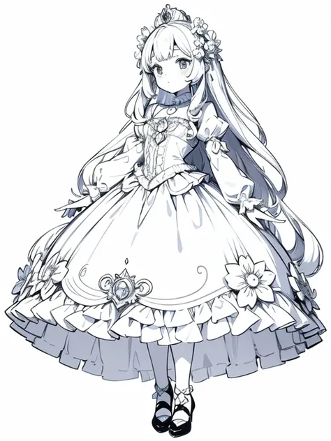 a coloring book page, cute anime girl surrounded with flowers, wearing a princess dress, princess crystal crown, crystal shoes, marie antoinette dress, black and white, simple and minimal, perfect shapes, only lineart, no gray or shades, complete body, whi...