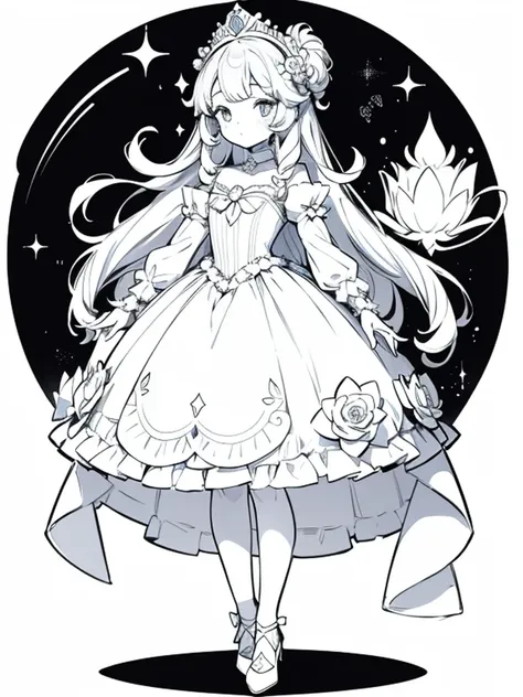 a coloring book page, cute anime girl surrounded with flowers, wearing a princess dress, princess crystal crown, crystal heels, marie antoinette dress, black and white, simple and minimal, perfect shapes, only lineart, no gray or shades, complete body, whi...