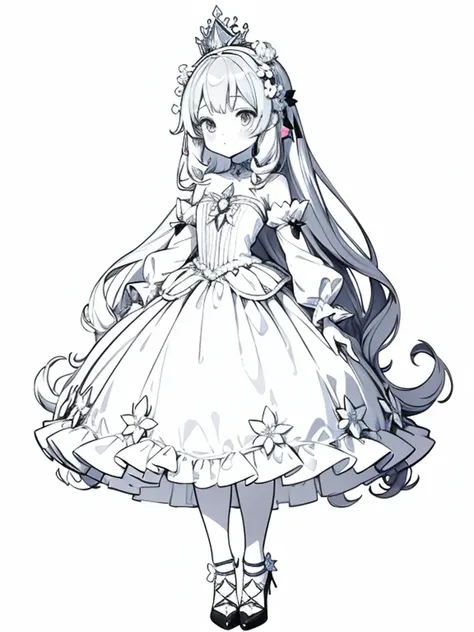 a coloring book page, cute anime girl surrounded with flowers, wearing a princess dress, small crystal crown, crystal heels, marie antoinette dress, black and white, simple and minimal, perfect shapes, only lineart, no gray or shades, complete body, white ...