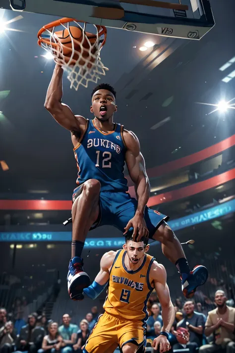 masterpiece, best quality, 8k, high resolution, realistic, detailed, a boy dunk the ball, high jump, game-winning dunk, what a s...