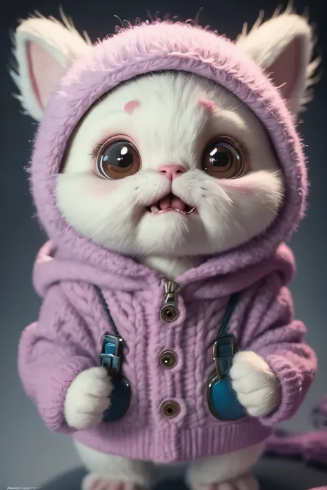 Close-up of a cute furry monster, zbrush central contest winner, adorable appearance and expression, crooked teeth, impressive features, wearing a knitted furry hooded coat, TV commercial, cute and crazy, making people laugh action, animated characters fro...