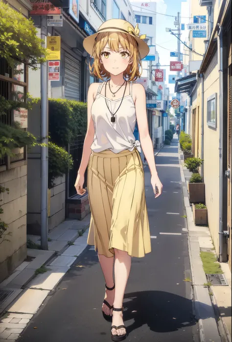 Irohaisshiki, isshiki iroha, One Woman,short hair, Brown Hair, (Brown eyes:1.5), happy smile, smile, Open your mouth,White hat,Yellow Tank Top,Locket Necklace,Long skirt,Heeled Sandals,Palm tree,True Summer,Daytime,Clear skies,Walking,whole bodyがイラストに入るように...