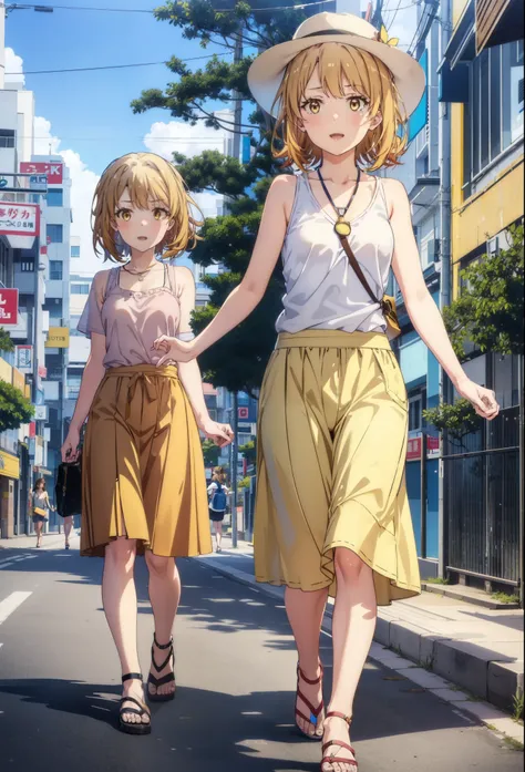 Irohaisshiki, isshiki iroha, One Woman,short hair, Brown Hair, (Brown eyes:1.5), happy smile, smile, Open your mouth,White hat,Yellow Tank Top,Locket Necklace,Long skirt,Heeled Sandals,Palm tree,True Summer,Daytime,Clear skies,Walking,whole bodyがイラストに入るように...