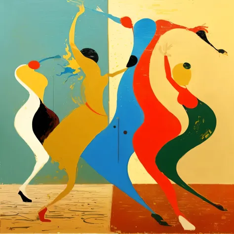 painting of three women dancing in a colorful dress, abstract human figures dancing, dancers, abstract figurative art, dancing people, by Ottó Baditz, juan miro, inspired by Alexander Archipenko, by János Nagy Balogh, dancing, by Wilhelm Sasnal, trio, by N...