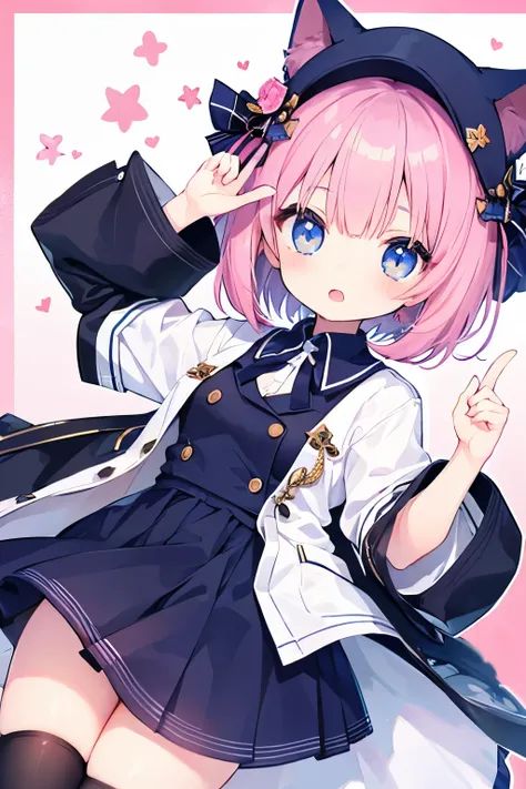 navy uniform、Very beautiful and Shining Eyes、Shining Eyes、1 Girl、Small breasts、Big Mouth、high school girl、Large Breasts、Cat ear、Transparent pink short hair、7-year-old girl