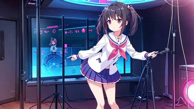 beautiful girl incredible quality 4k vtuber with red eyes black hair with pink ribbon short pleated skirt sailor style blouse long sleeve white long stockings pink tennis shoes with black vtuber youtuber in recording studio room pc gamer background with mi...
