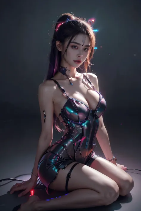 HighestQuality、A masterpice、UltraHighResolution、(photorealestic:1.4)、Raw photo、女の子1人、Black hair、glowy skin、1 Cyberpunk Girl、((hyper-realistic details))、portlate、Global Illumination、Shadow、Rendu octane、8K、ultrasharp、HugeBoobs、Raw skin is exposed in cleavage...