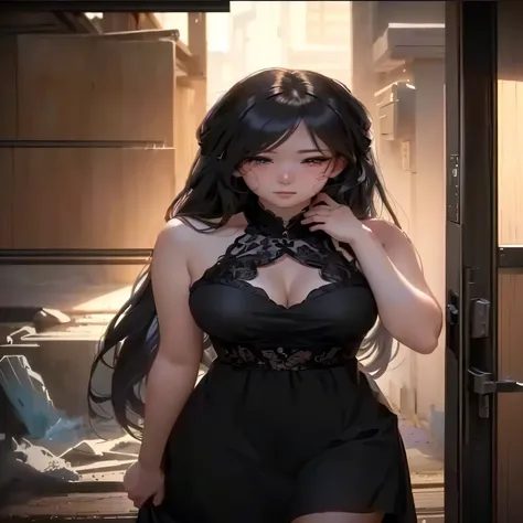 a woman in a black dress standing in a doorway, seductive anime girl, anime girl wearing a black dress, cute anime waifu in a nice dress, attractive anime girl, beautiful anime girl, anime girl with long hair, beautiful anime woman, beautiful alluring anim...