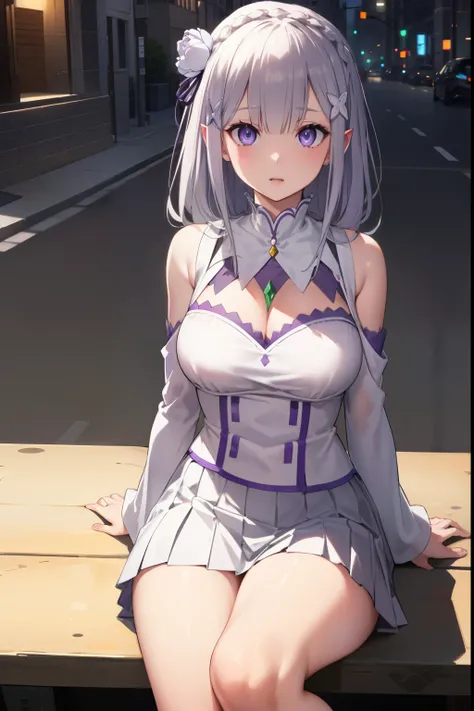 RezeroEmilia, emilia, braid, crown braid, flower, hair flower, hair ornament, bitter hair, broad, pointy ears, (purple eyes:1.2), for white, x hair ornament,
BREAK detached neck, separate sleeves, mangas con steering wheels, steering wheels, long sleeves, ...