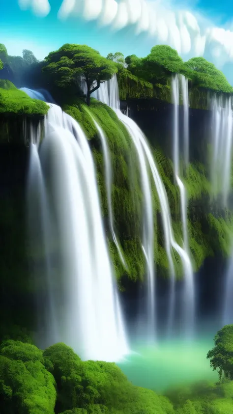 an image of a floating island in the sky, with lush greenery and waterfalls cascading off the edges. the background should be a ...