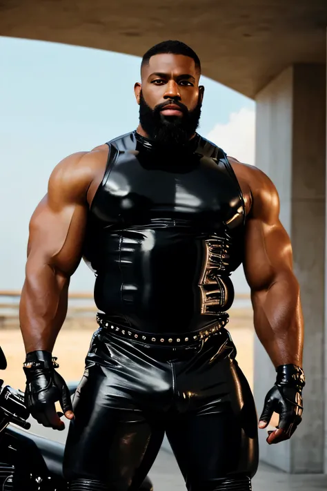 A giant muscular bearded black man wearing tight black leather. huge hot old fat handsome masculine black bald guy with shaved head and goaty beard and huge muscles and huge pecs and huge round belly and bulge in studded black shiny leather full motorcycle...