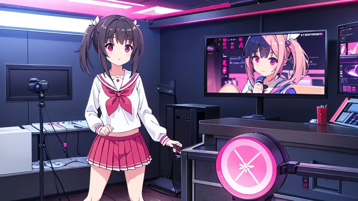 beautiful girl incredible quality 4k vtuber with red eyes black hair with pink ribbon short pleated skirt sailor style blouse long sleeve white long stockings pink tennis shoes with black vtuber youtuber in recording studio room pc gamer background with mi...