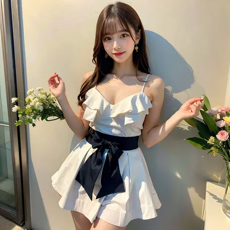 ((Highest quality)), ((masterpiece)), (detailed), One girl,cute,holding a book,dress,Small breasts,,whole body,Idol,Fluttering skirt,Standing posture,White background