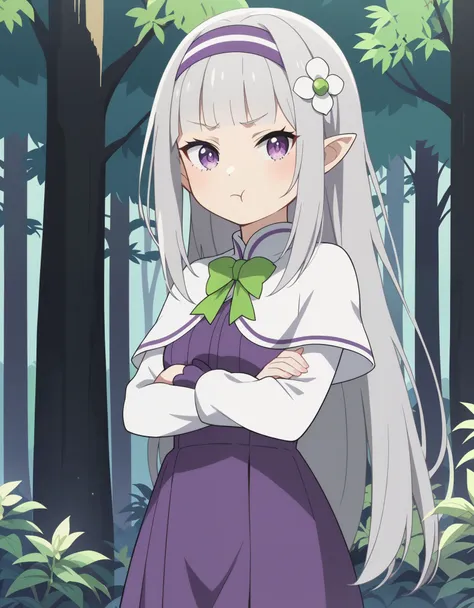 score_9, score_8_up, score_7_up,1girl, long hair, grey hair, hair flower, bangs, pointy ears, hairband, solo, blunt bangs,  whit...