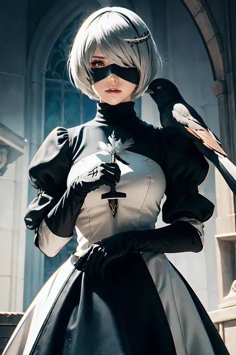 2B Nier Automata,Bobcut, Gray Hair,Long sleeve, Juliet Sleeve, White gloves, turtleneck, bangs, Feather ornament, Feather ornament sleeves, Blindfold, Black Goth Dress,Bird&#39;s-eye view,Japanese Ultra HD,super high quality,masterpiece,Digital SLR,Photore...