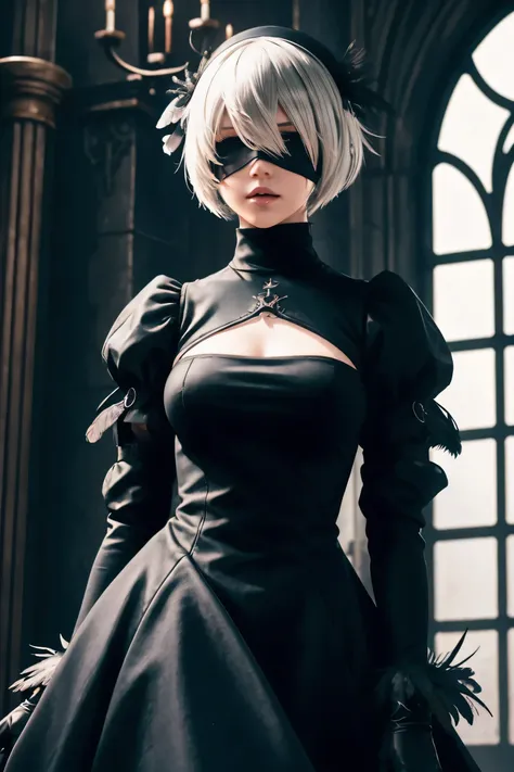 2B Nier Automata,Bobcut, Gray Hair,Long sleeve, Juliet Sleeve, White gloves, turtleneck, bangs, Feather ornament, Feather ornament sleeves, Blindfold, Black Goth Dress,Bird&#39;s-eye view,Japanese Ultra HD,super high quality,masterpiece,Digital SLR,Photore...