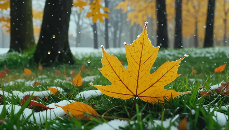 there is a round leaves that is sitting on the grass, magical round leaves leaves falling, snow is falling thinly,nature documentry footage, youtube video screenshot, todays featured photography 4k, autumn rain turkel, nature photography 4k, november, cine...