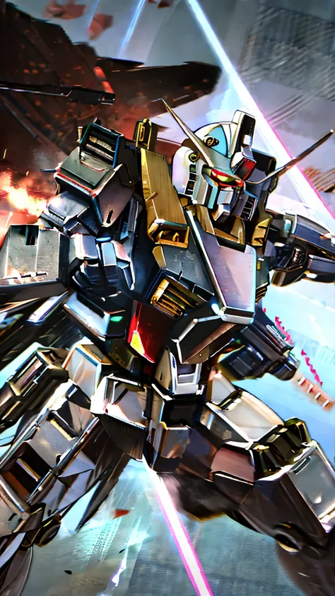 最high quality、Best image quality、masterpiece、Giant Mecha((humanoid、Railgun、Bulletproof vest、Jetpack、Red visor、Run、Chainsaw,Full of wounds,gas mask、Gold Color、Fighting Pose、Muscular,destruction)）high quality、Beautiful art、background((underground,Fighting th...