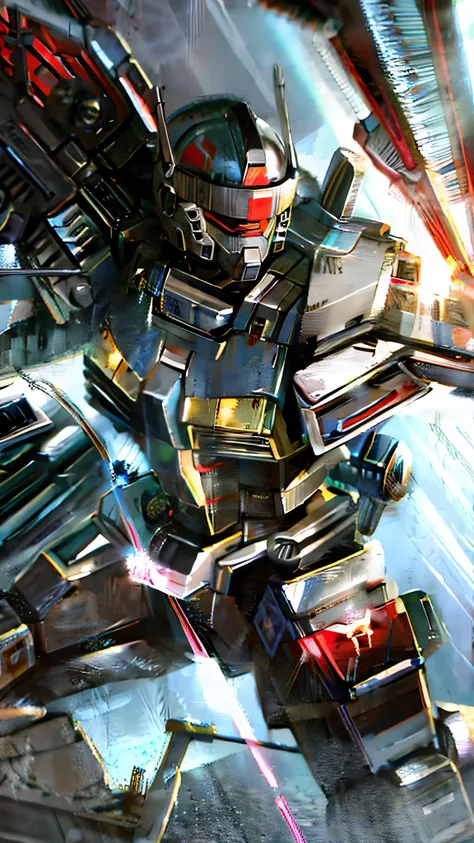 最high quality、Best image quality、masterpiece、Giant Mecha((humanoid、Railgun、Bulletproof vest、Jetpack、Red visor、Run、Chainsaw,Full of wounds,gas mask、Gold Color、Fighting Pose、Muscular,destruction)）high quality、Beautiful art、background((underground,Fighting th...