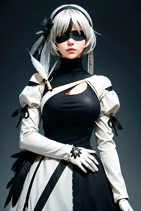 2B Nier Automata,Bobcut, Gray Hair,Long sleeve, Juliet Sleeve, White gloves, turtleneck, bangs, Feather ornament, Feather ornament sleeves, Blindfold, Black Goth Dress,Bird&#39;s-eye view,Japanese Ultra HD,super high quality,masterpiece,Digital SLR,Photore...