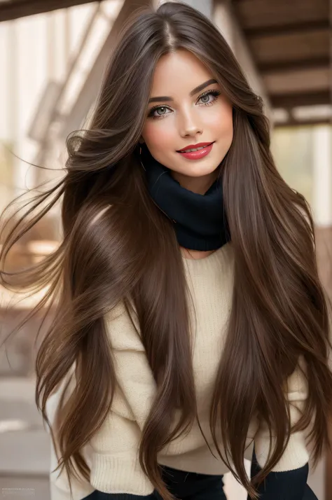 professional photograpy, best qualityer, 8K, hyper detailled, whole body, A close-up portrait of a beautiful, enchanting, seducer, gracious, majestic, chic, fashionable, Argentinian woman with super long flowing brown hair. loose hair, silky hair, shiny ha...