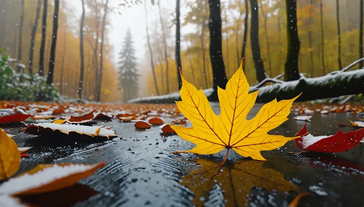 there is a round leaves that is sitting on the wilderness, magical round leaves leaves falling, snow is falling thinly,nature documentry footage, youtube video screenshot, todays featured photography 4k, autumn rain turkel, nature photography 4k, november,...