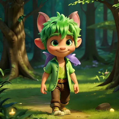 Highest quality、Forest Fairy、Big Ears、((A cute beast boy using magic))、((Using magic))、((He is walking here:1.3))、((Smiling expression))、(Close-up photography)