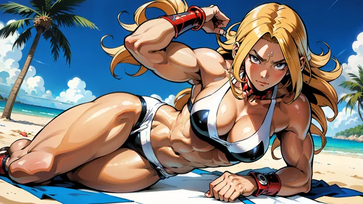 アニメ cel-shading Cavewoman, muscle, on the beach in ((anime + manga + comics + cartoon) style)