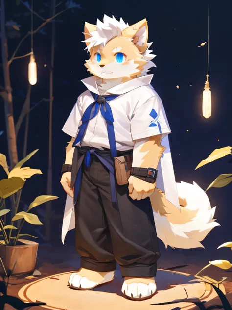 nj5furry，kemono，full-length portrait，anthro，hi res，male，juvenile，Samoyed，strong，White hair，White clothes，White cape，Fluffy hair，White plush paw，A tail，Fingerless gloves，Blue Eyes，Delicate eyes，Detailed eyes