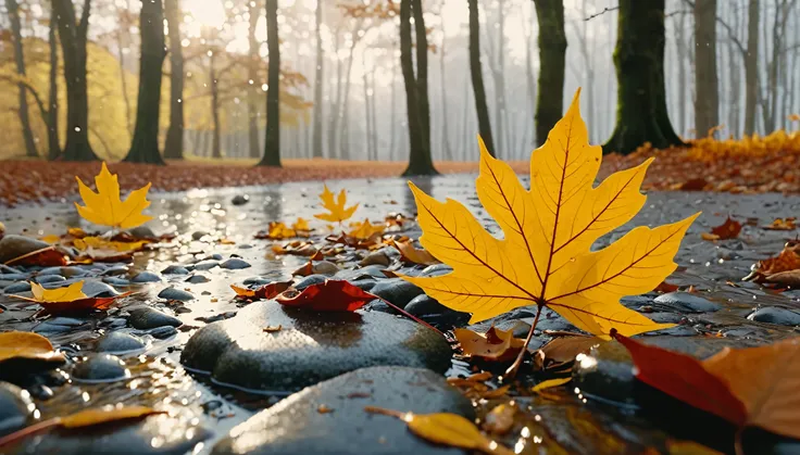 sandy beach, magical round leaves leaves falling, snow is falling thinly,nature documentry footage, youtube video screenshot, todays featured photography 4k, autumn rain turkel, nature photography 4k, november, cinematic widescreen shot, leaves and magic, ...