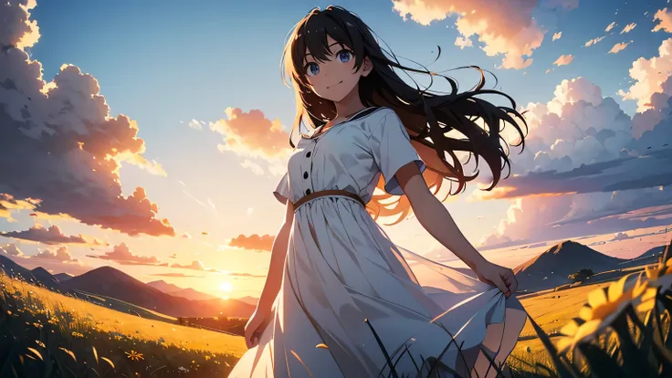 Vast landscape photography、grassland、(View from below、Shows the sky above and below)、High resolution、Highest quality、Very detailed、makoto shinkai、sunset、Girl in white dress looking sideways、smile、College student with long brown hair、Lens blur