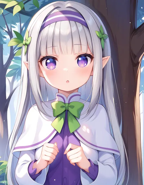 1girl, forest, peeking out upper body, behind tree, purple eyes, hairband, long hair, grey hair, pointy ears, blunt bangs, white...