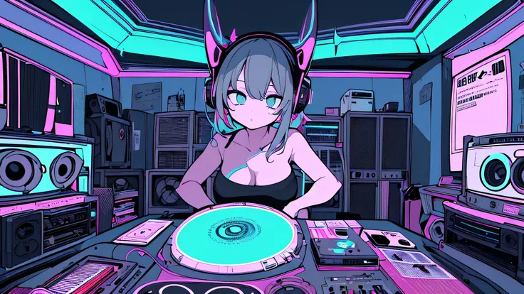 Best quality, (masterpiece), best detail face,1 girl, natural breasts, 18 yo, 8k,absurdres,unity 8k wall paper,(extremely detailed:1.3), highest realistic, (retro headphones:), (soft neon light:), (psychedelic), Her room full of music equipment and records...