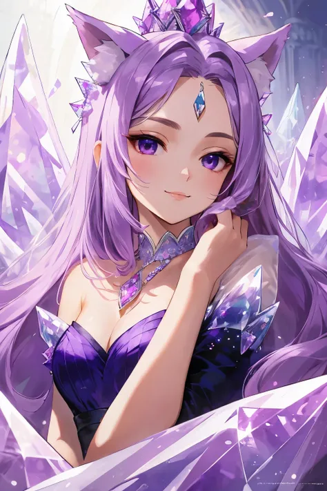 ((best quality)), ((masterpiece)), (detailed), detailed eyes, detailed hands, full-length body image, female humanoid kitsune, crystal crown on top of her head, light purple hair, light purple fox ears, 2 purple crystal fox tails, 1 crystal eight-pointed s...