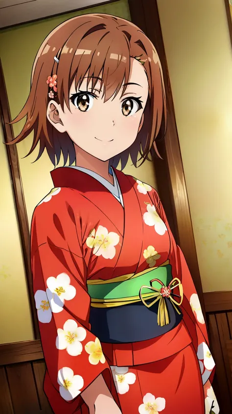 (masterpiece, best quality, 8k:1.2),Very detailed, (anime:1.1), misaka_mikoto, brown hair, short hair, hairpin, small medium breasts, 1girl, (smile, Japanese clothing, red kimono, long sleeves, floral print, sash, indoor), dutch angle, looking at viewer,