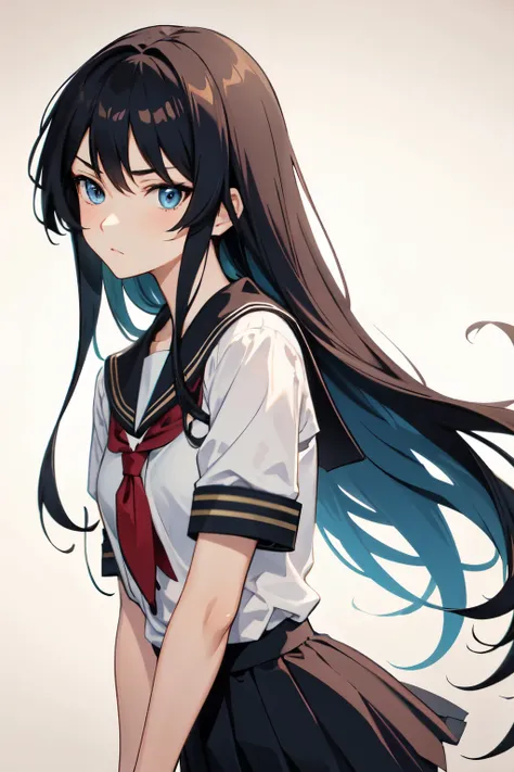 ((schoolgirl)), ((anime)), 1girl, long hair, black hair, hime cut, 2 sidelocks, stern expression, dark blue eyes, fair skin, honor student