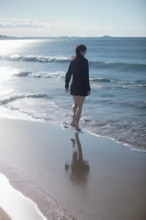 Woman enjoying a walk on the beach. Age 35. 海にreflectionする太陽の光. Volumetric Light. reflection, refraction.