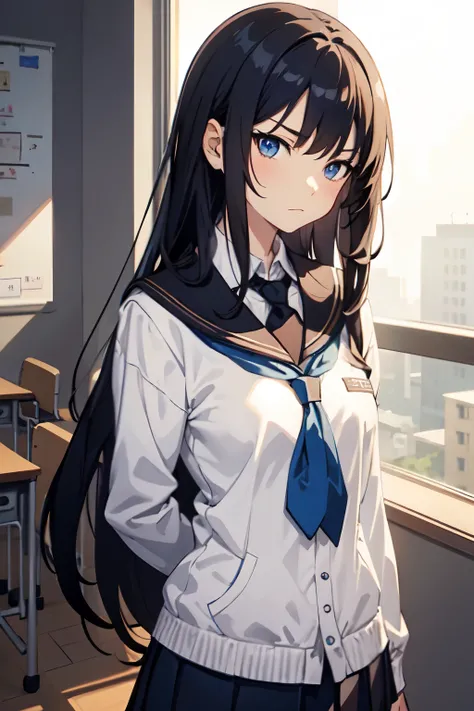 ((schoolgirl)), ((anime)), 1girl, long hair, black hair, hime cut, 2 sidelocks, stern expression, dark blue eyes, fair skin, honor student,
nice body