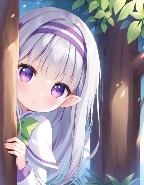 1girl, forest, peeking out upper body, behind tree, purple eyes, hairband, long hair, grey hair, pointy ears, blunt bangs, white...