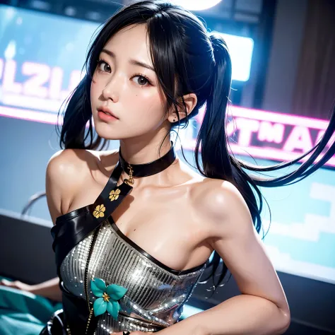 40-year-old Japanese woman、Black Hair、The hair is very short、Twin tails、Hatsune Miku コスプレ、headphones、flat chest、Realistic photos、Realistic、8K quality、tall、No bangs、Live Performance Venues、Singing on a microphone、Close-up of face、Afterschool