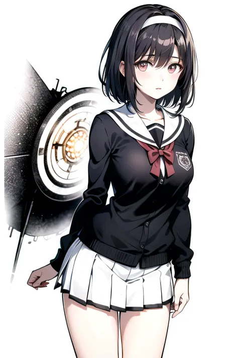 ((Masterpiece)),((High quality)),((High resolution)),((Extremely accurate and detailed representation of the human body)), An 18-year-old girl. Japanese. Wears a sailor uniform with a cardigan casually draped over it. Short hair. Hairband. Has a mysterious...