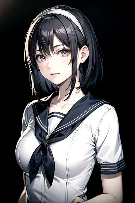 ((Masterpiece)),((High quality)),((High resolution)),((Extremely accurate and detailed representation of the human body)), An 18-year-old girl. Japanese. Wears a sailor uniform with a cardigan casually draped over it. Short hair. Hairband. Has a mysterious...