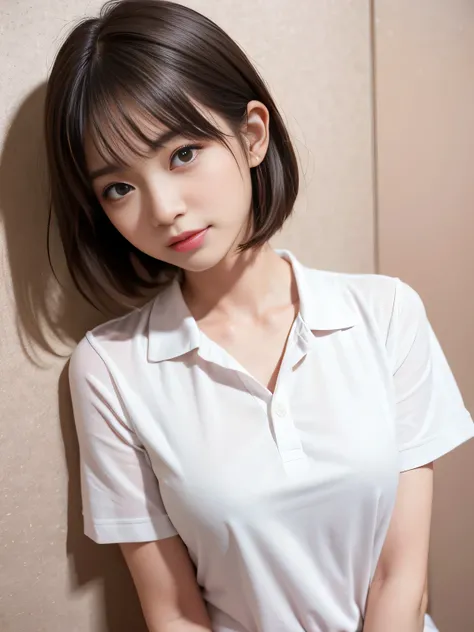 Highest quality、Figures、sexly、slender、Navy open front polo shirt、sexly非常に詳細、Fine details、Slim Body、slender、Japanese Girls、High resolution、8K、wallpaper、Perfect dynamic composition、Beautiful fine details、Short Bob Hair、Pink hair color、Big natural color lip、な...