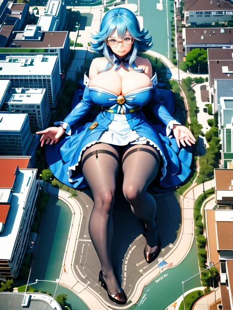 multiple girls, giantess art, highly detailed giantess shots, giantess, most detailed, perfect face, Two legs, Five fingers, A beautiful girl who is bigger than a skyscraper, Wearing rimless glasses, smile, huge breasts, blue base magical girl dress, bow, ...