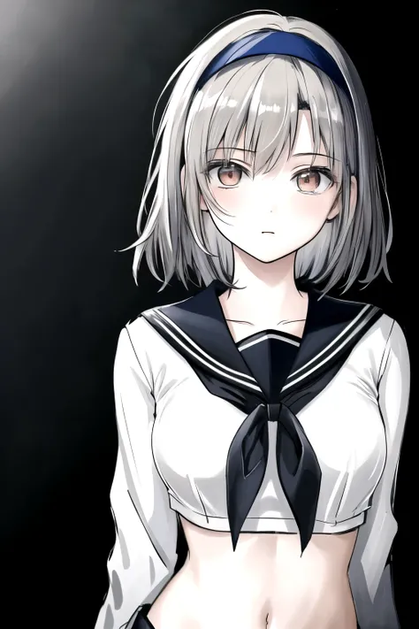 ((Masterpiece)),((High quality)),((High resolution)),((Extremely accurate and detailed representation of the human body)), An 18-year-old girl. Japanese. Wears a sailor uniform with a cardigan casually draped over it. Short hair. Hairband. Has a mysterious...